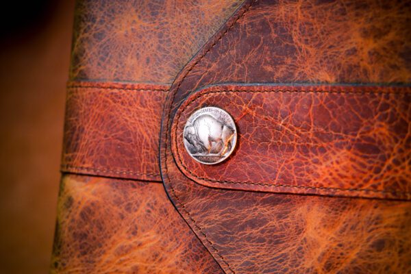 A close up of the leather on a purse