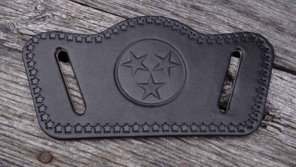 A black leather wallet with the tennessee state symbol on it.