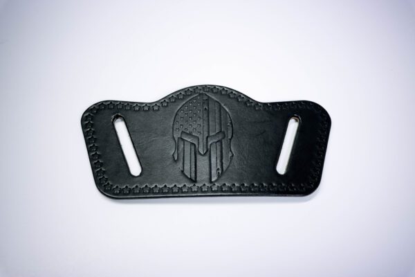 A black leather belt with a spartan helmet on it.