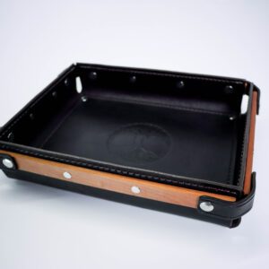 A black tray with wooden sides and metal handles.